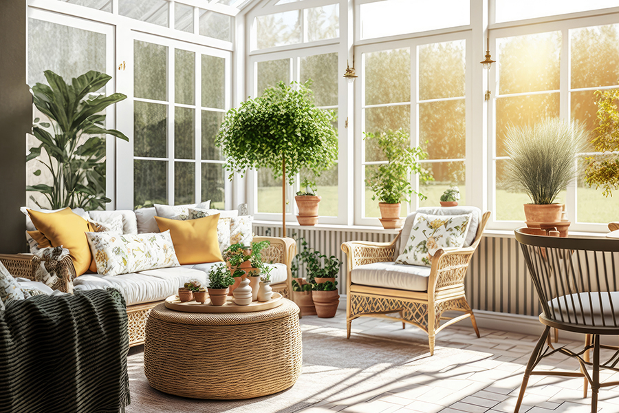 Bright and airy sunroom with wicker furniture and potted house plants - Collinsville, IL